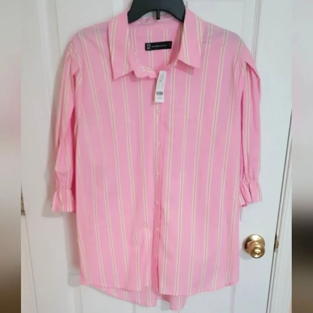 New York & Company Pink Striped Button-Up Shirt Size XL
